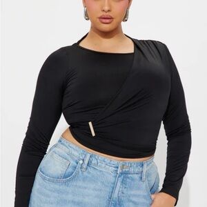 Fashion Nova Black Long Sleeve Wrap Blouse